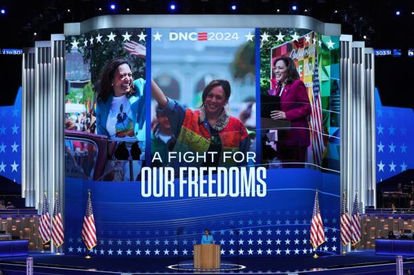 President Kelley Robinson of Human Rights Campaign speaking at the podium during the Democratic National Convention in Chicago, Illinois, 2024