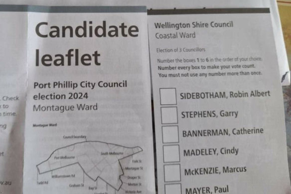 A ballot for Wellington Shire Council sent to voters in Port Phillip Council.