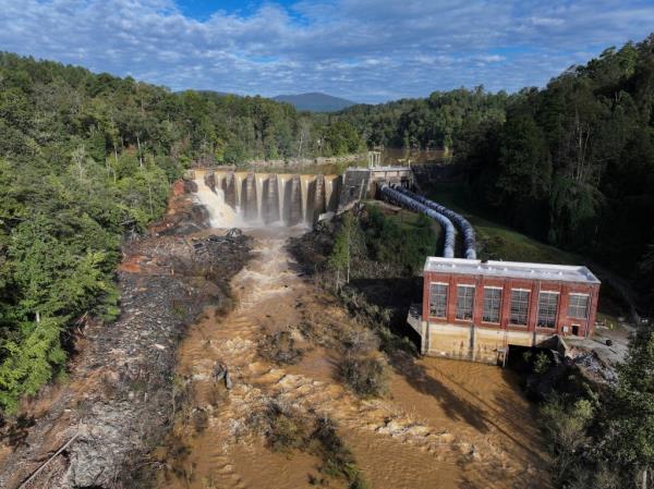 A drone view shows Turner Shoals Dam, following the passing of Hurricane Helene, on U.S. Route 64, in Mill Spring, North Carolina.
